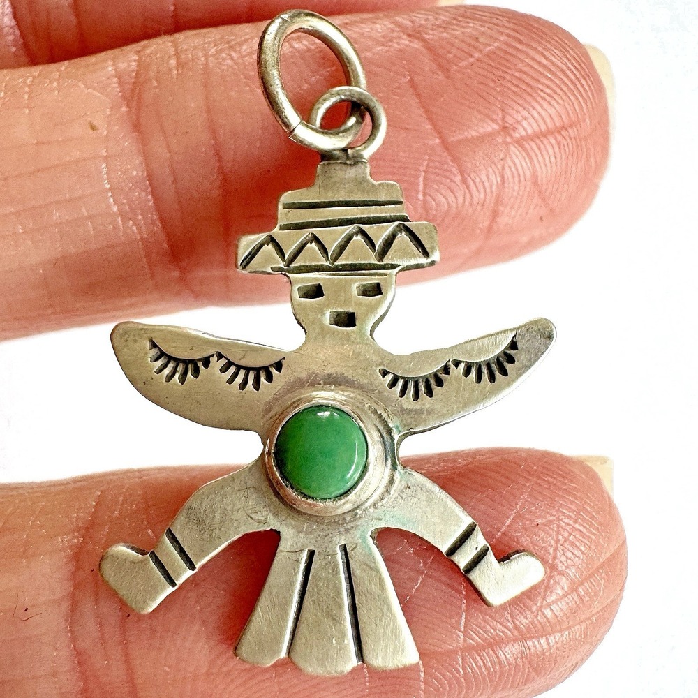 VTG Navajo Knifewing Pendant Kachina Turquoise Mini Harvey Era Sterling Charm